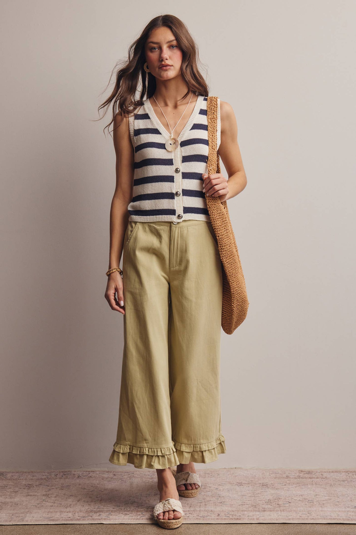 Navy Striped Button-Front Knit Vest Top