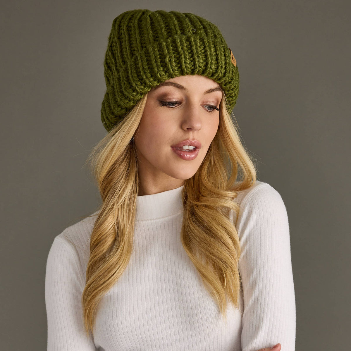 Olive Chunky Knit Beanie Hat