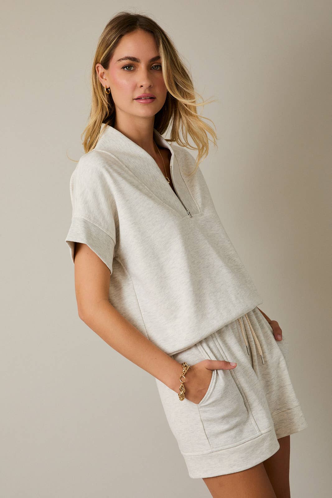 Short Sleeve Zip Up V-Neck