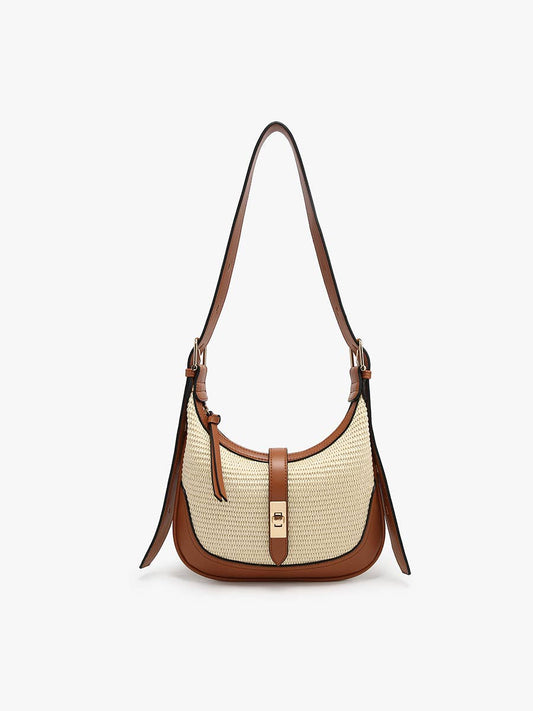 Straw Shoulder Bag w/ Top Zip & Twist-Lock Closure: Natural/Brown