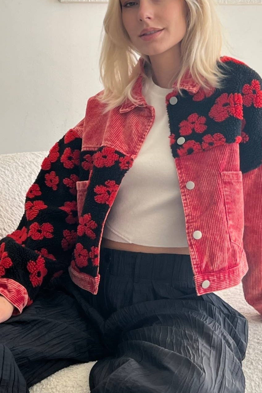 Corduroy Fleece Red Black Floral Cropped Jacket