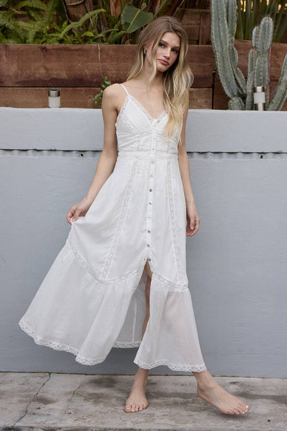 Lace Trim Button-Down Maxi Dress