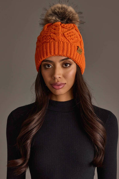 Orange Cable Knit Beanie Pom Hat