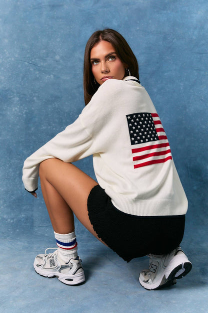 USA Flag Knit Quarter Zip Sweater