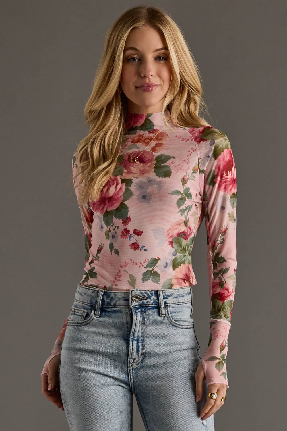 Pink & Green Floral Mesh Top