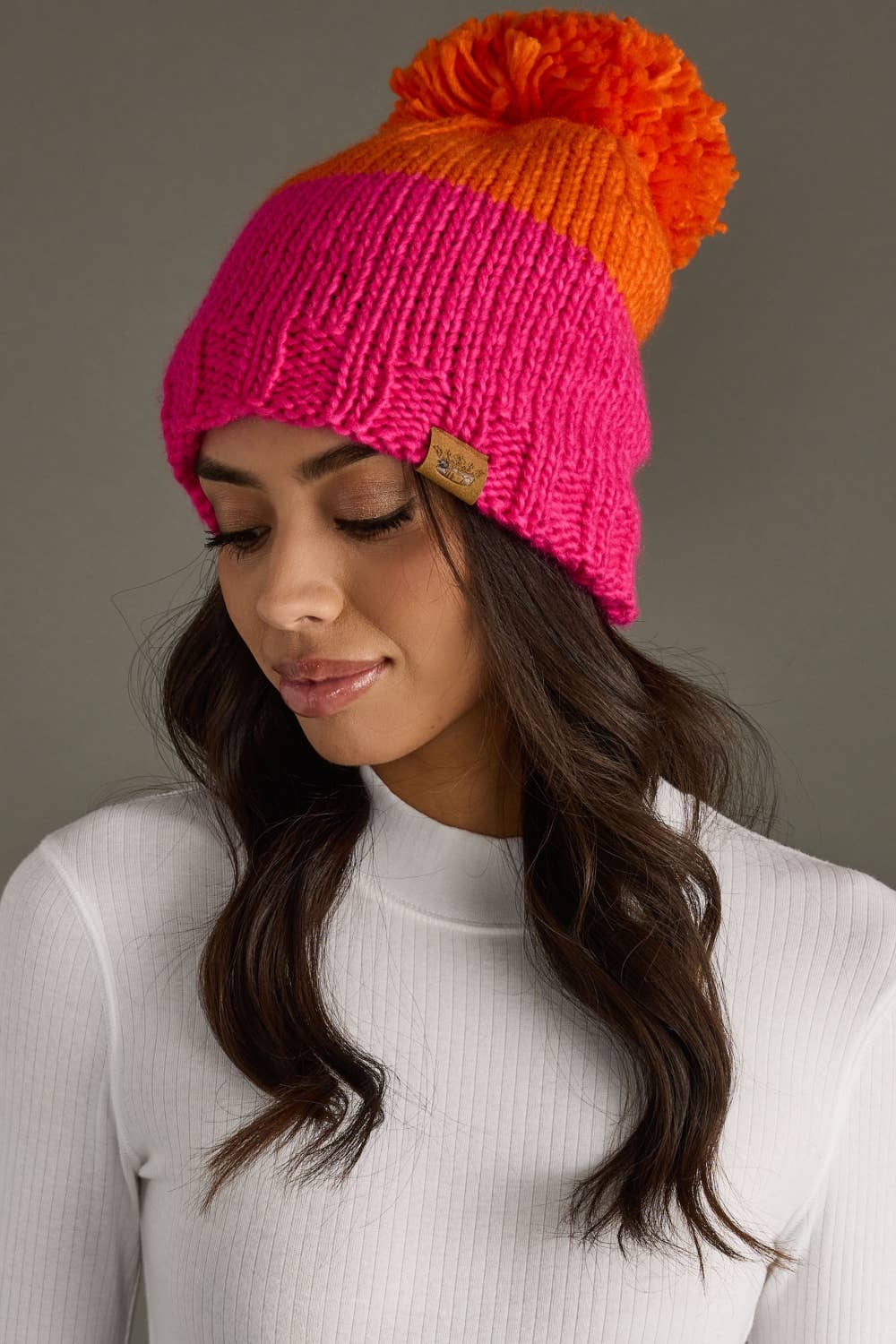 Orange & Pink Color Block Pom Hat