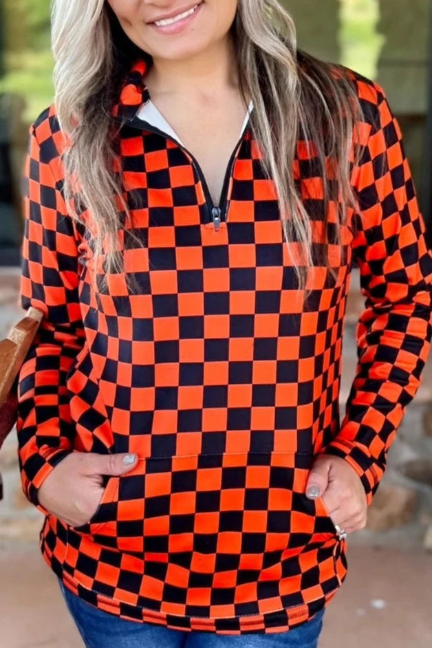 Unisex Orange & Black Checkered Quarter-Zip Pullover