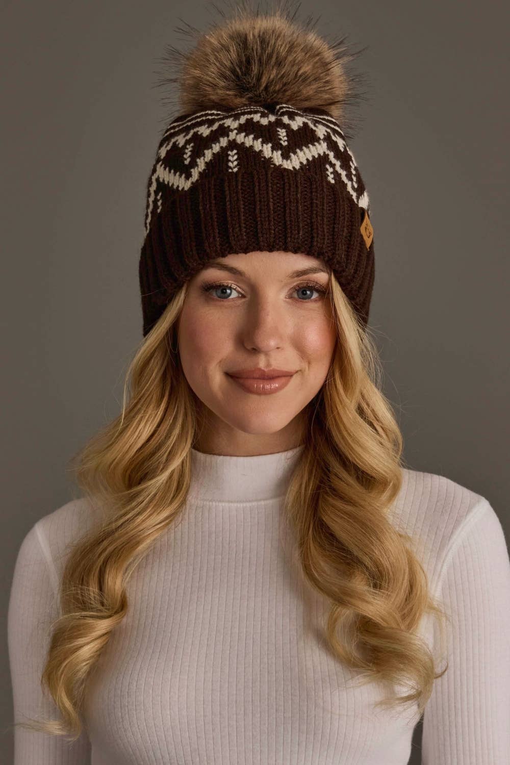 Chocolate Brown & Beige Patterned Beanie Pom Hat