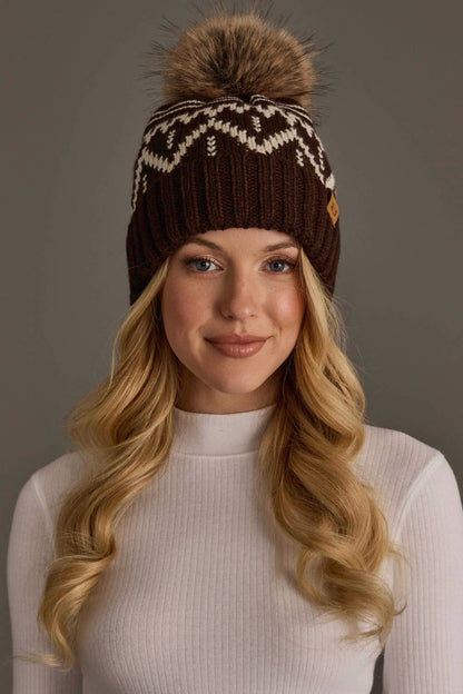Chocolate Brown & Beige Patterned Beanie Pom Hat