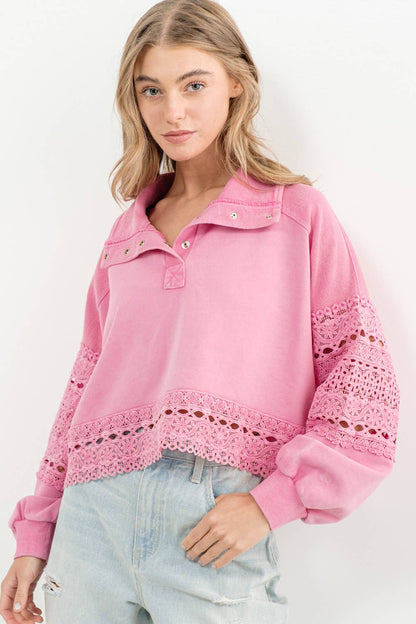 Pink Garment Washed Lace Edge Top