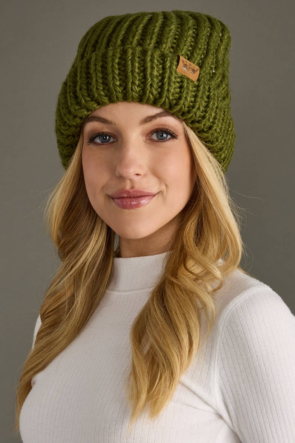Olive Chunky Knit Beanie Hat