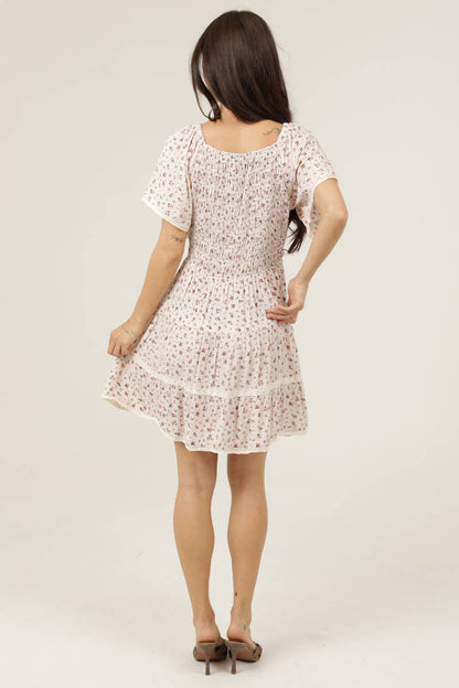Floral V-Neck Smocked Lace Trim Dress