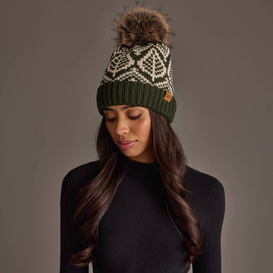 Olive & Beige Patterned Knit Beanie Pom Hat