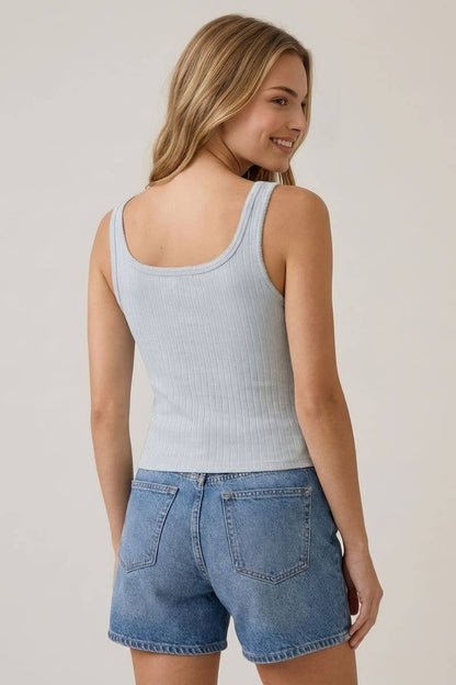 Square Neck Contrast Stitching Light Blue Tank Top