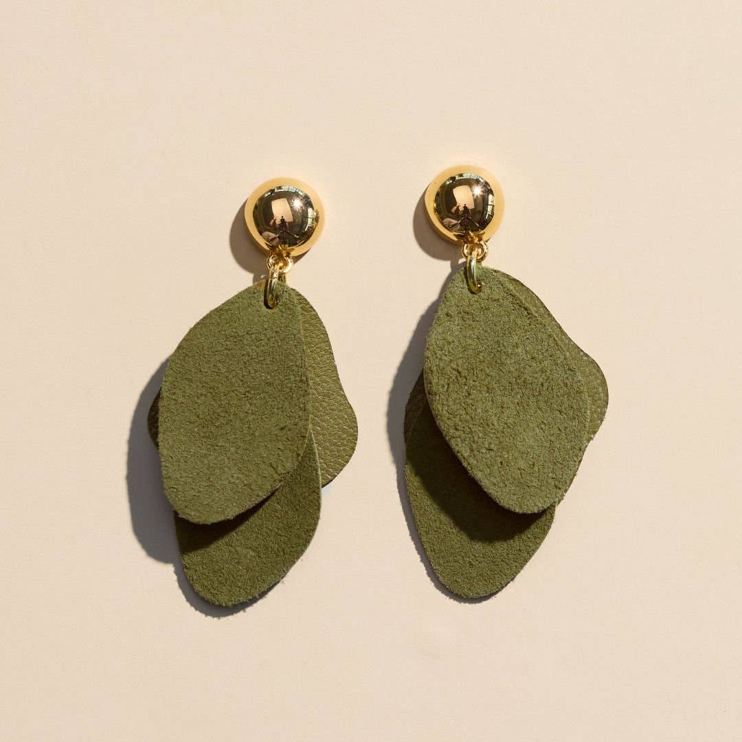 Green Olive Suede Weston Leather Drop Earrings