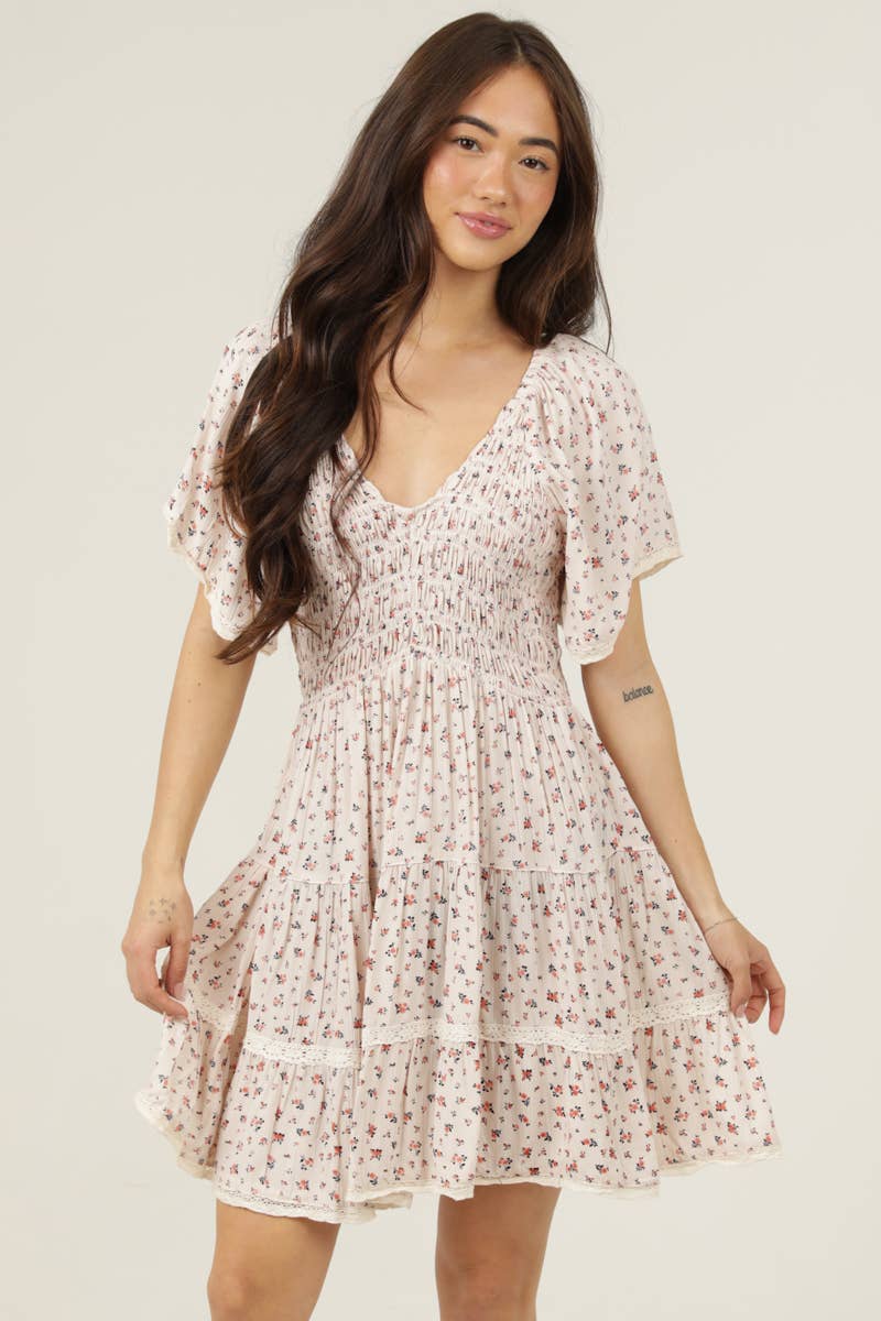 Floral V-Neck Smocked Lace Trim Dress