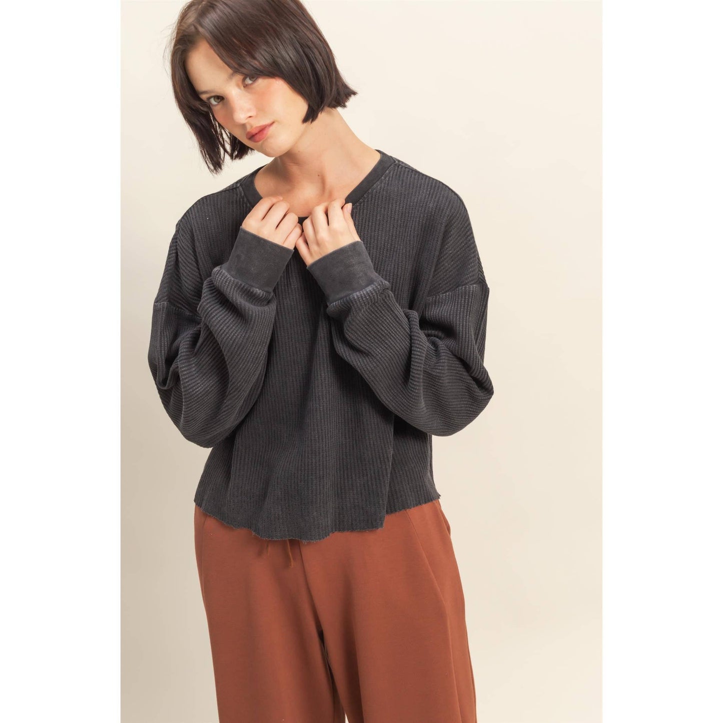 Mineral Washed Waffle Long Sleeve Cropped Top