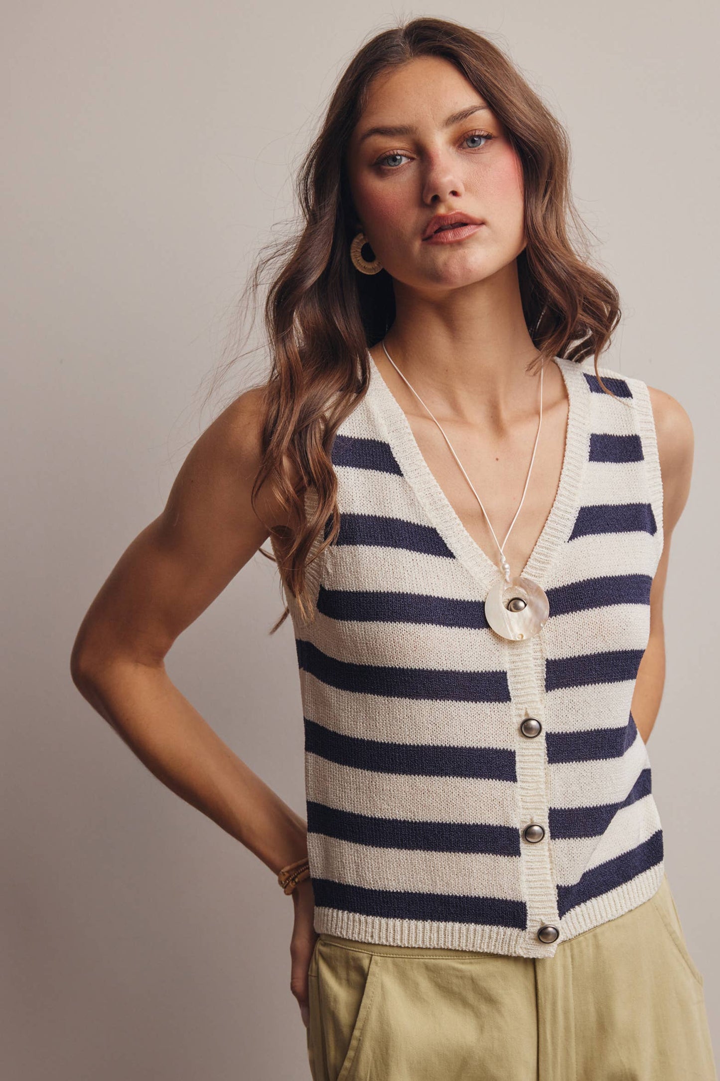 Navy Striped Button-Front Knit Vest Top