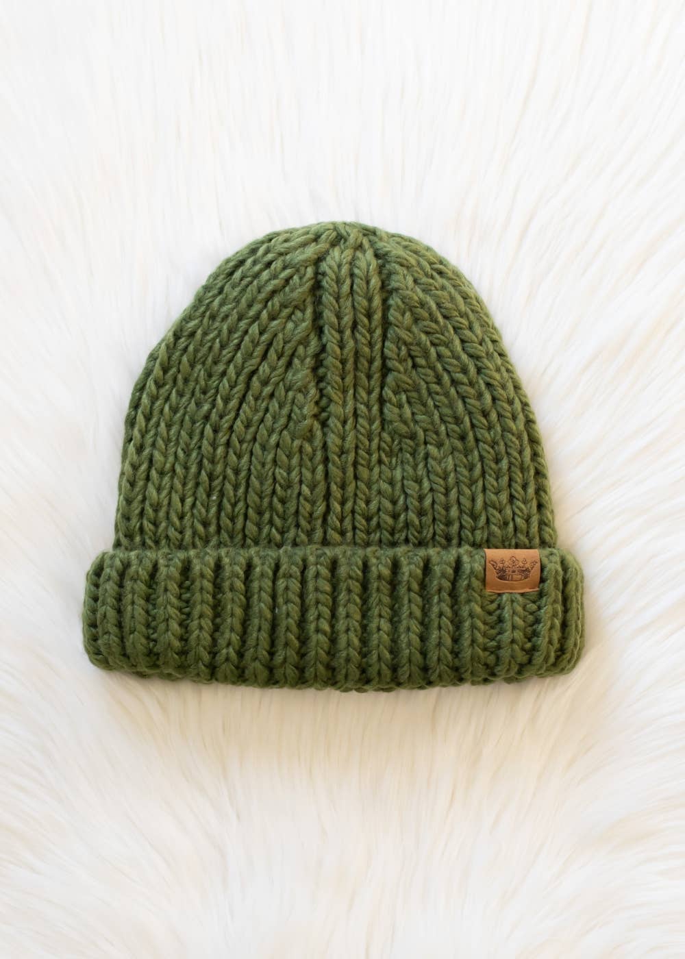 Olive Chunky Knit Beanie Hat