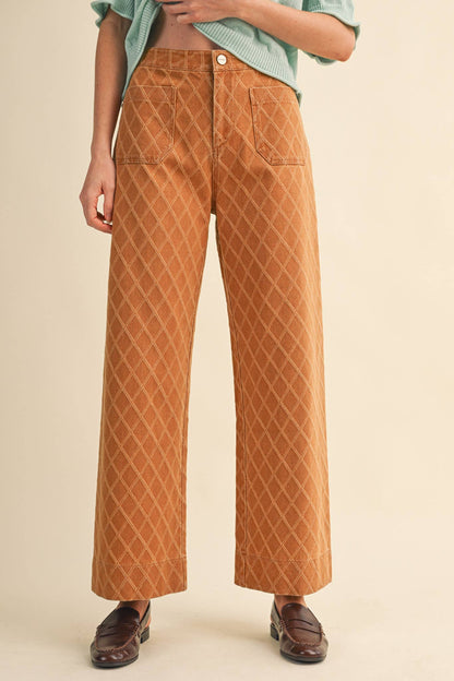 High Waist Diamond Texture Wide Leg Pants