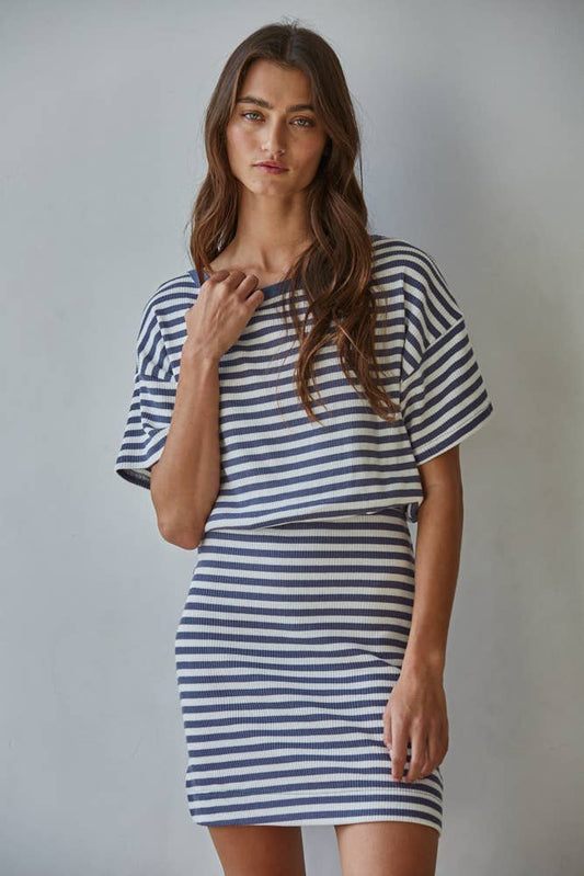 Blue Knit Cotton Striped Ribbed Short Sleeve Dress
