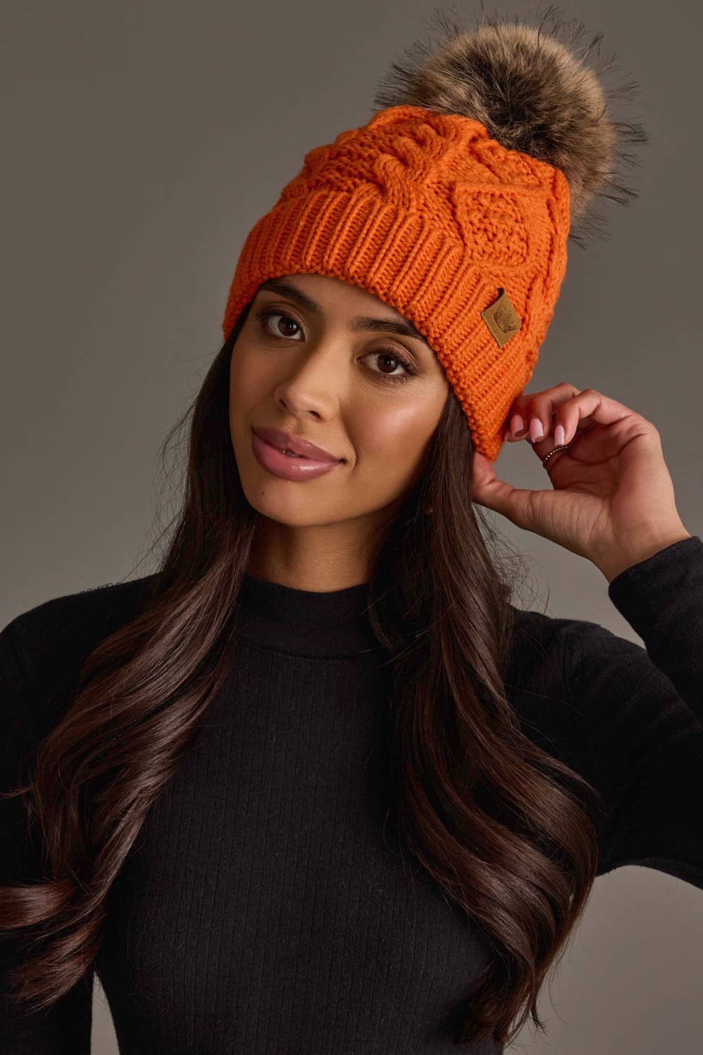 Orange Cable Knit Beanie Pom Hat