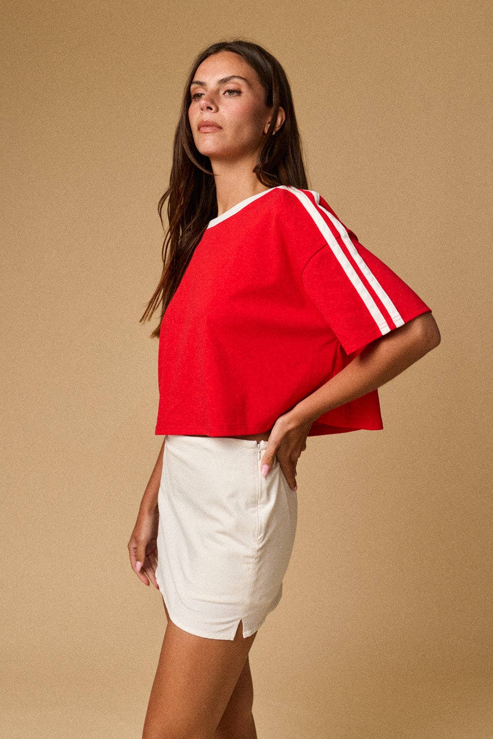 Red Cropped Tee with Stripe Trim
