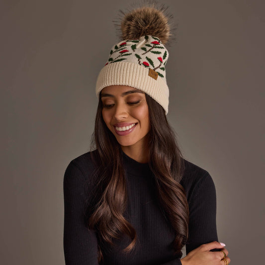 Holly Pattern Knit Beanie Pom Hat
