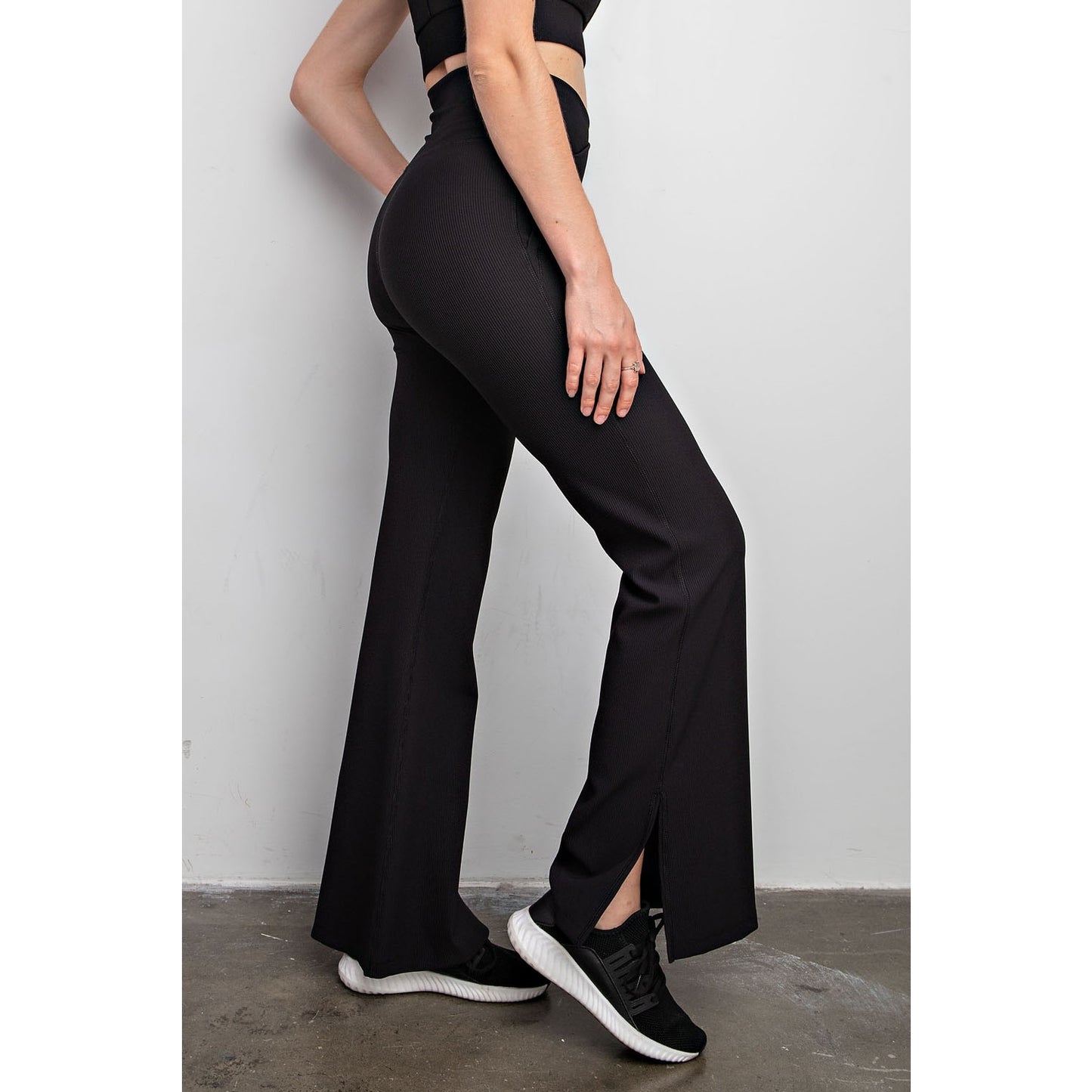 Black Nylon Rib V Waist Flared Leggings