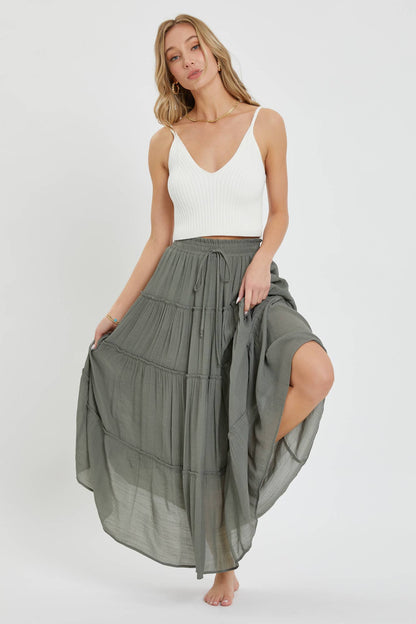 Olive Tiered Maxi Skirt