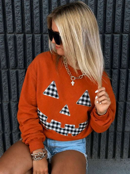 Gingham Jack O'Lantern Applique Embroidered Sweatshirt