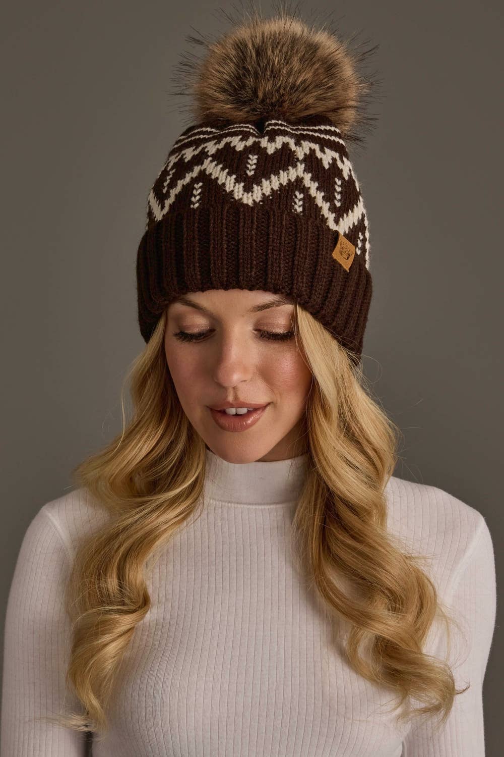 Chocolate Brown & Beige Patterned Beanie Pom Hat