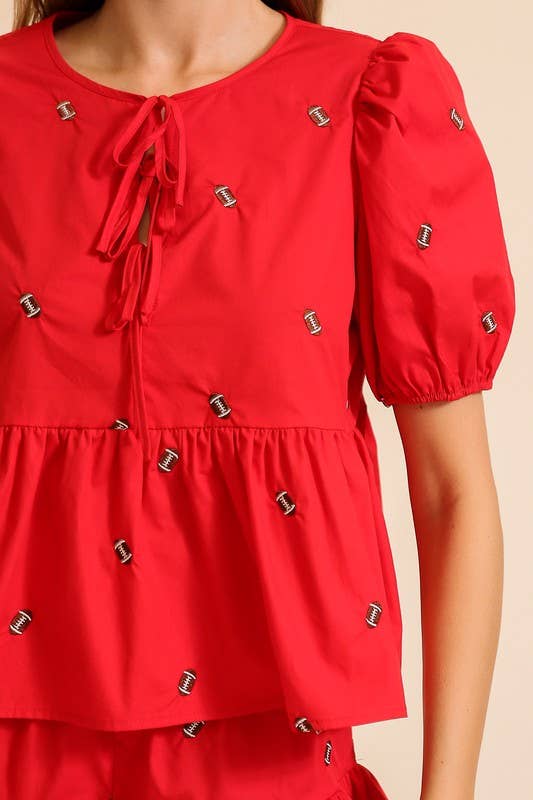 Red Football Tie Blouse Top