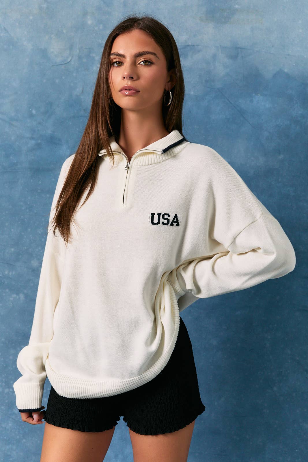 USA Flag Knit Quarter Zip Sweater