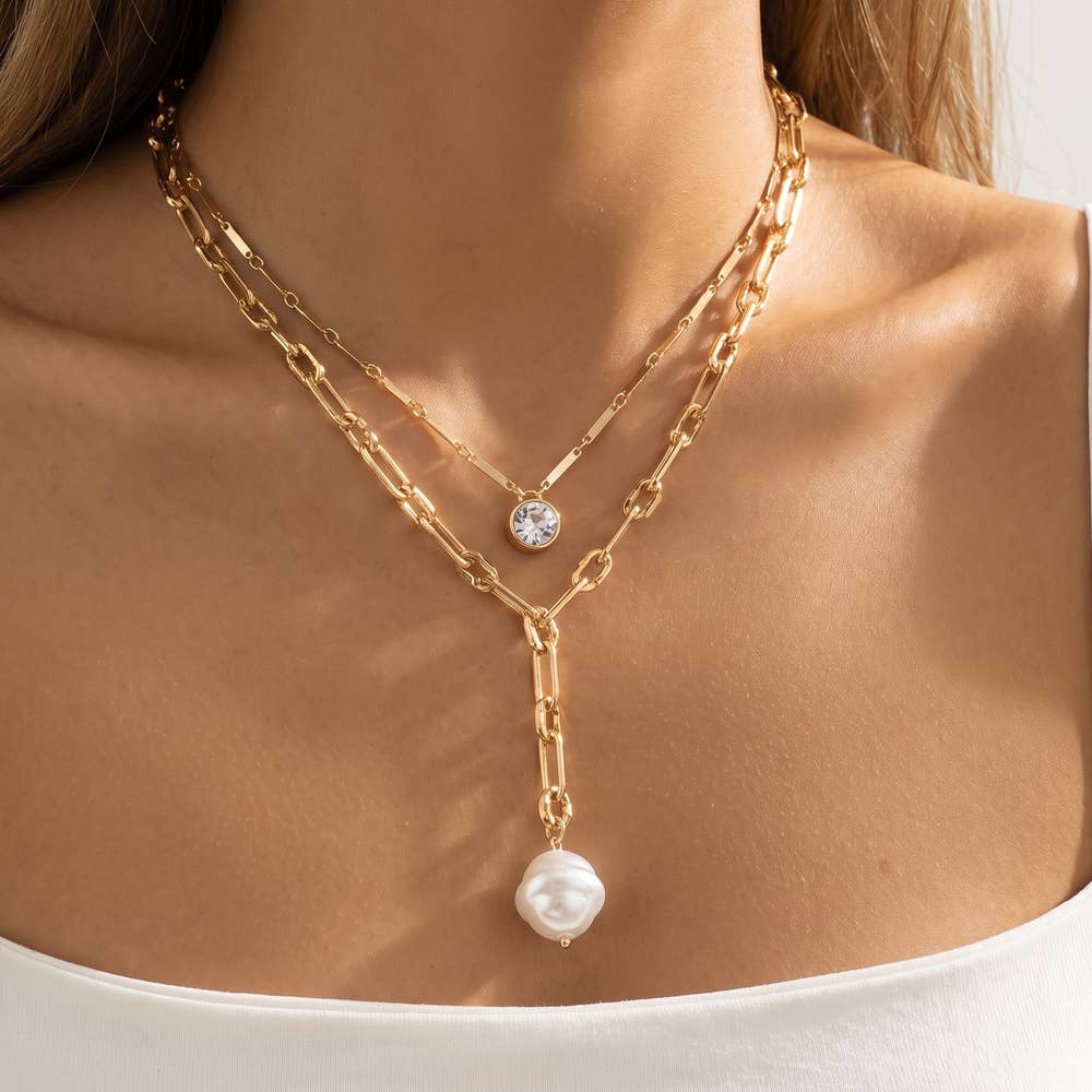 Crystal And Pearl Layered Paperclip Necklace