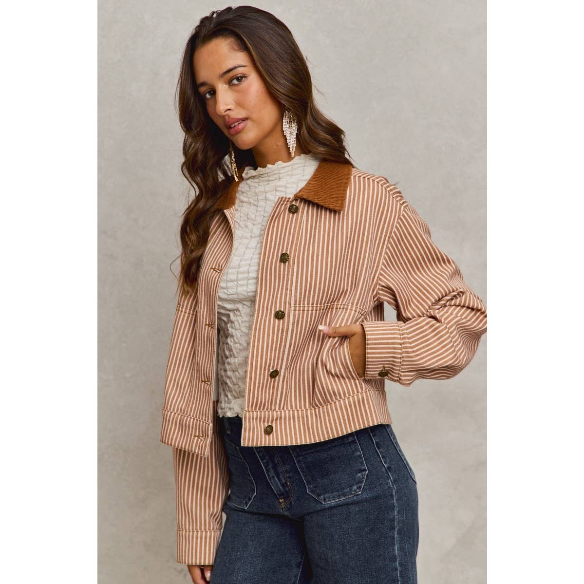 Stripe Twill Button Down Corduroy Collar Jacket