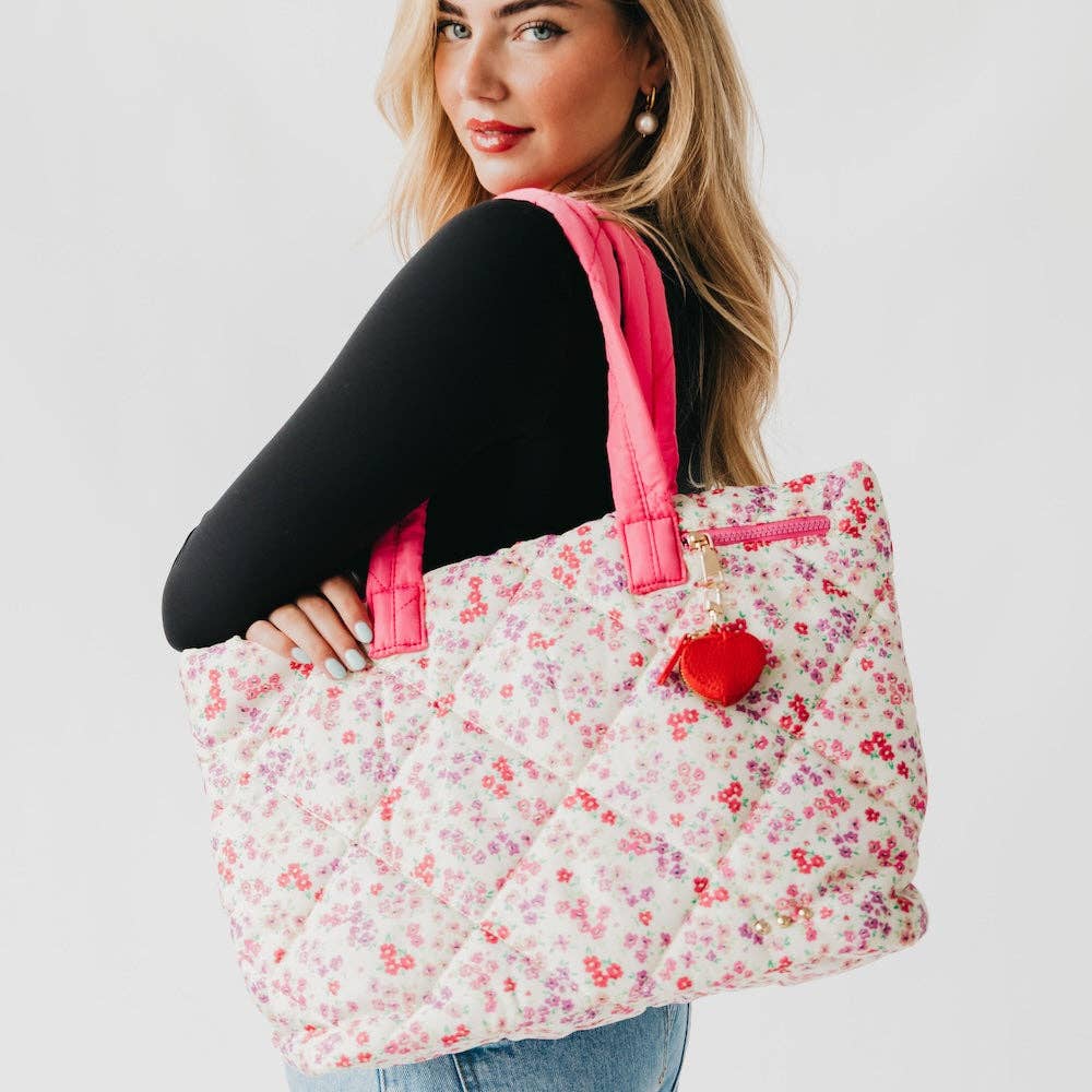 Pink Floral Puffer Quilted Tote Bag With Pouch