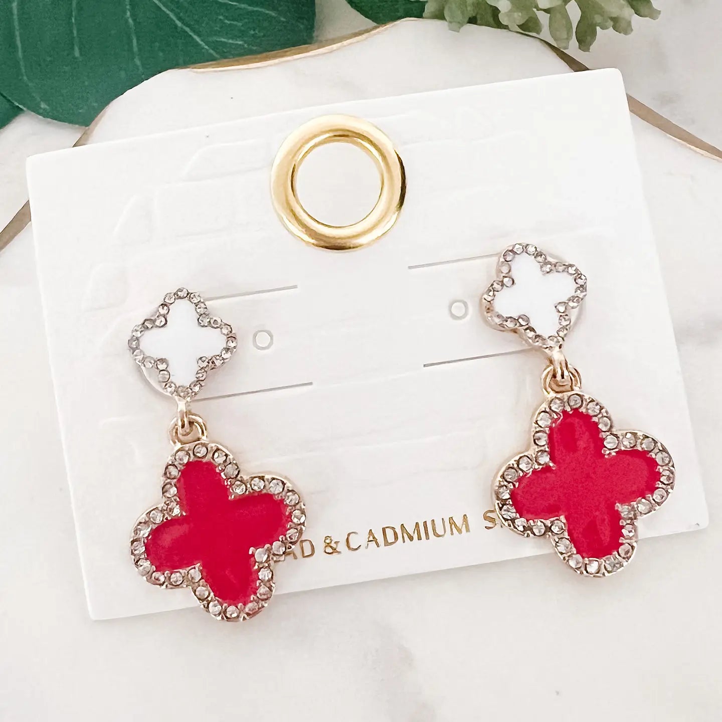 Red & White Clover Dangle Earrings