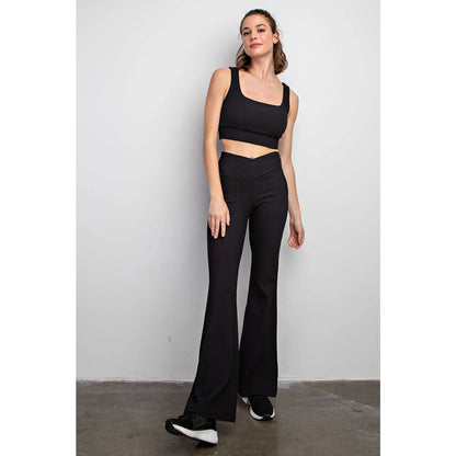 Black Nylon Rib V Waist Flared Leggings