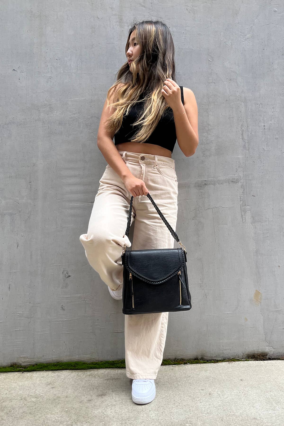 Double Zip Whipstitch Trim Crossbody Purse: Black