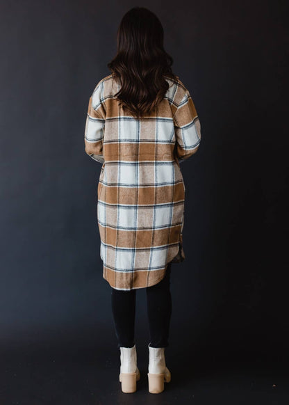 Tan, Cream & Gray Plaid Long Flannel Jacket