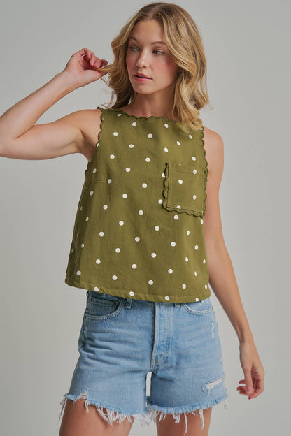 Polka Dot Twill Top with Pocket