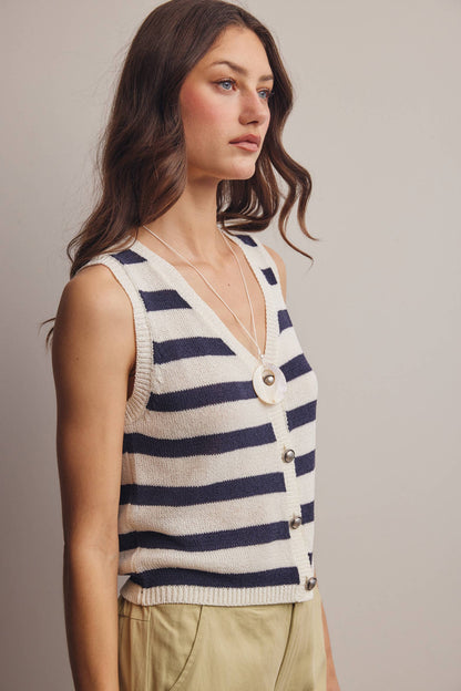 Navy Striped Button-Front Knit Vest Top