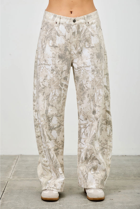 Mid Rise Camo Barrel Leg Jeans