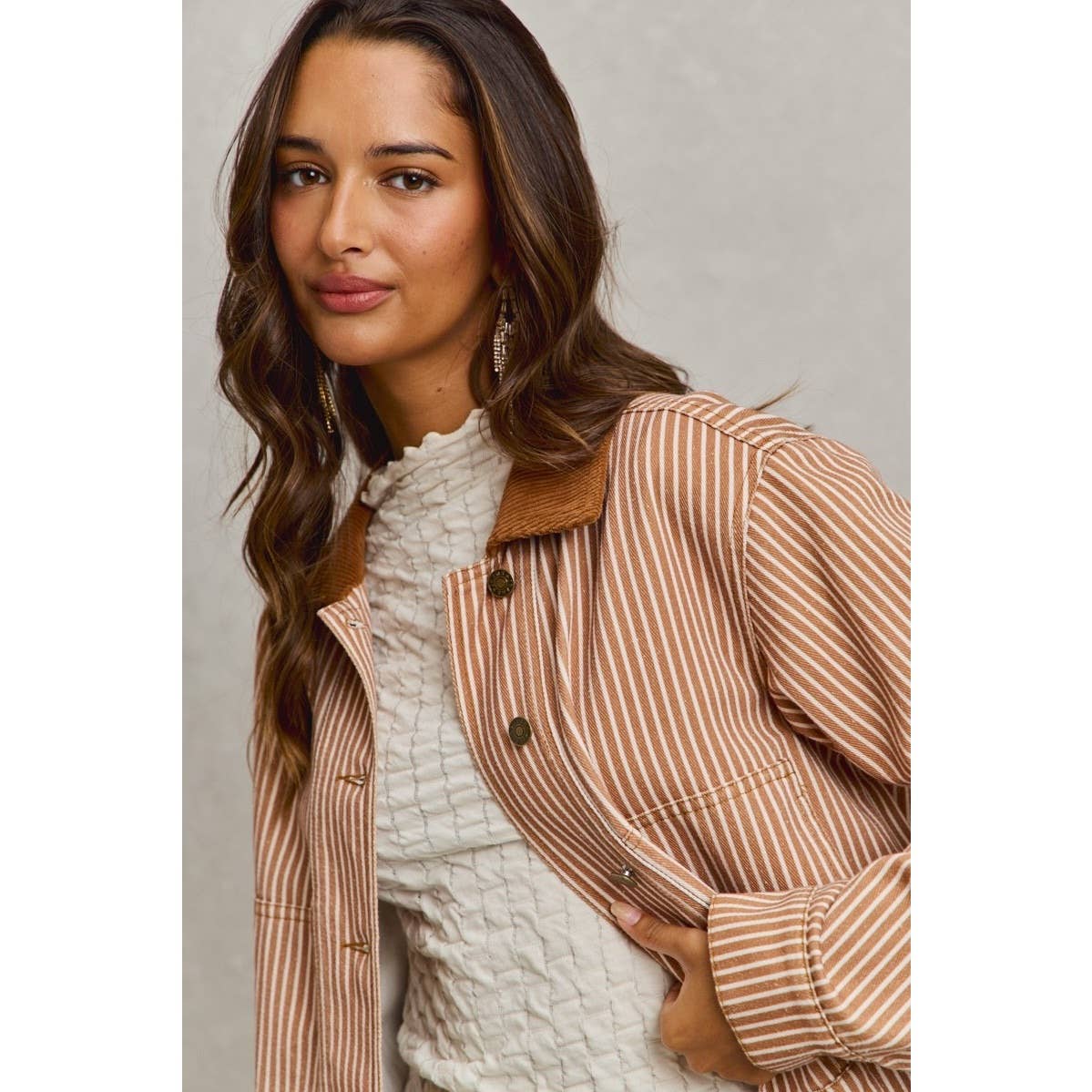 Stripe Twill Button Down Corduroy Collar Jacket