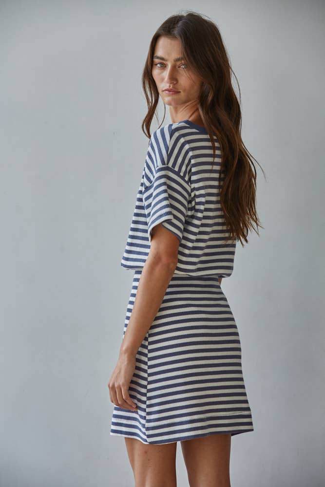 Blue Knit Cotton Striped Ribbed Short Sleeve Dress