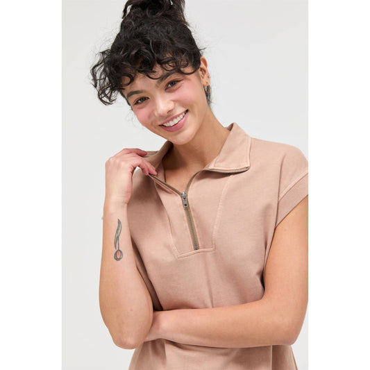 Half Zip Up Mock Neck Mini Dress: DARK TAUPE