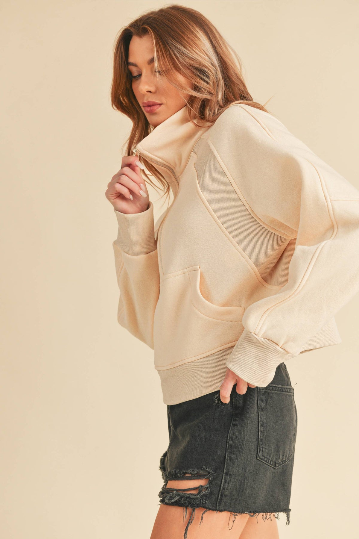 Cream Funnel Neck Half Zip